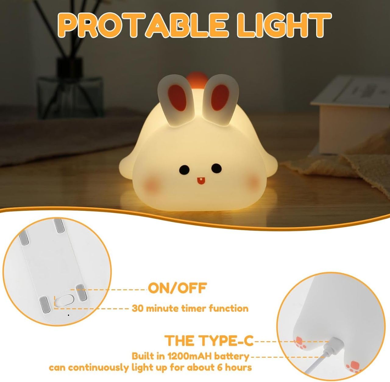 USB Rechargeable Cute Silicon Rabbit Desk Lamp